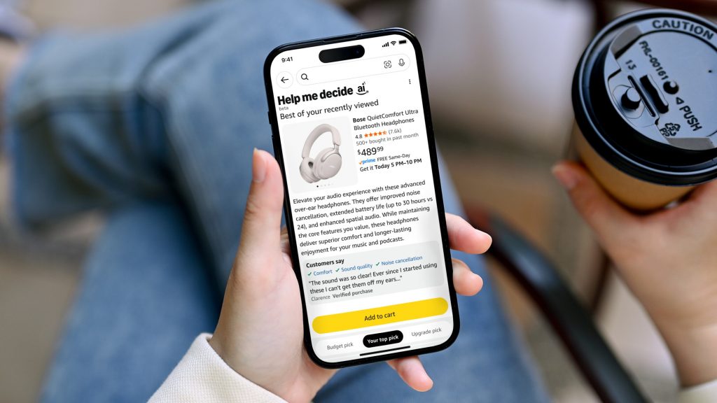 Interface Alexa for Shopping sur Amazon affichant des recommandations produits générées par IA, indépendantes du classement naturel et des liens sponsorisés