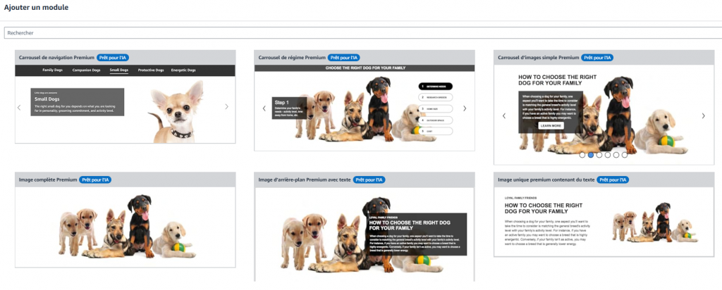Interface Amazon Seller Central affichant un exemple de contenu A+ Premium avec modules vidéo et expérience interactive