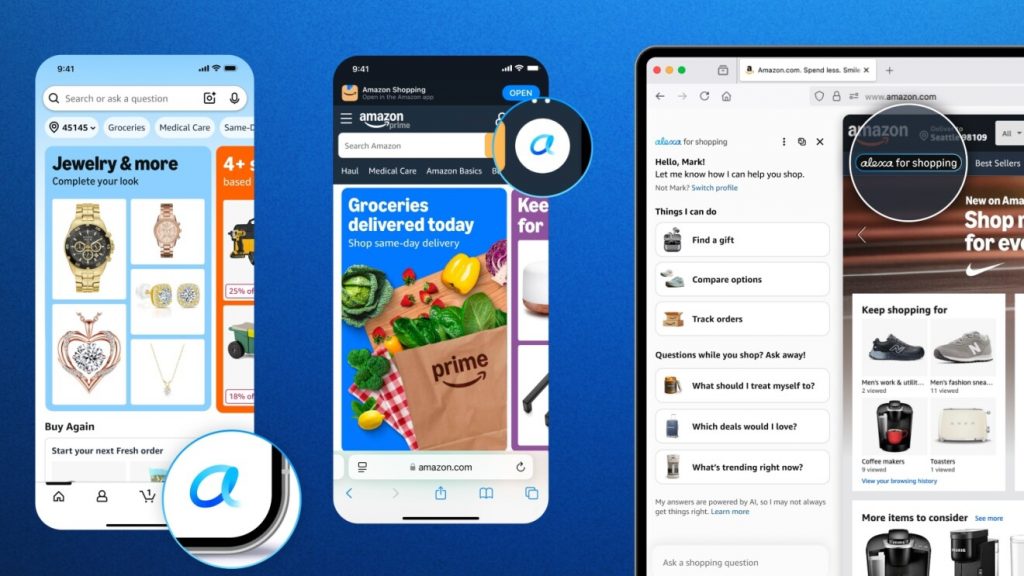 Interface Alexa for Shopping sur Amazon affichant des recommandations produits générées par intelligence artificielle dans la barre de recherche