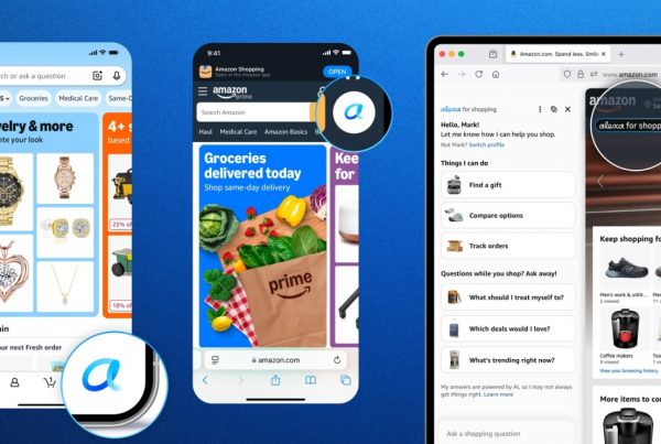 Interface Alexa for Shopping sur Amazon affichant des recommandations produits générées par intelligence artificielle dans la barre de recherche