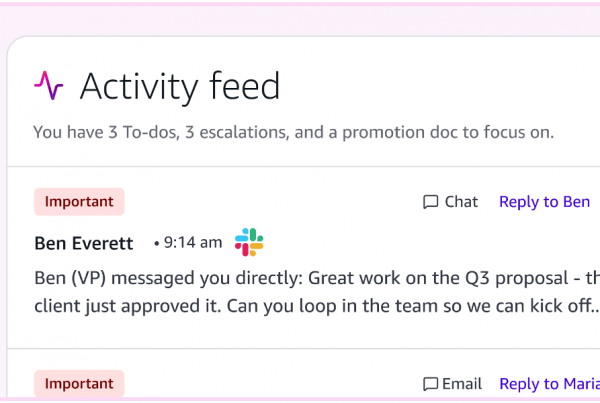 Interface d'Amazon Quick affichant l'Activity Feed qui regroupe emails, messages Slack et invitations de calendrier en une liste priorisée par intelligence artificielle
