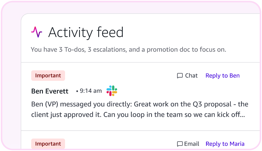 Interface d'Amazon Quick affichant l'Activity Feed qui regroupe emails, messages Slack et invitations de calendrier en une liste priorisée par intelligence artificielle