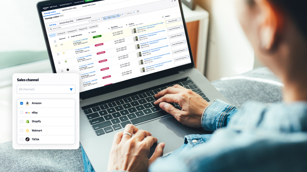 Interface Seller Central affichant des produits connectés simultanément à Amazon, Shopify, Walmart, TikTok Shop et eBay grâce aux nouveaux outils multicanaux